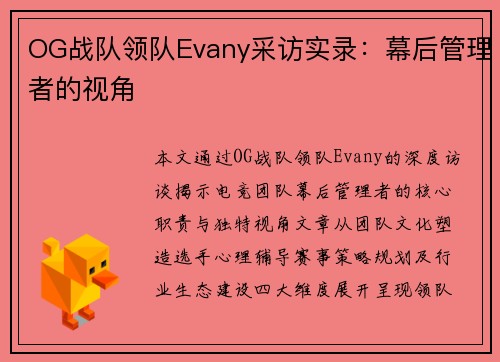 OG战队领队Evany采访实录：幕后管理者的视角